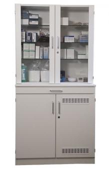 Medikamenten- und Verbandmittelschrank weiß mit Glastüren und Kühlschrank 